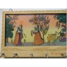 GEMSTONE PAINTING WOOD KEY CHAIN WALL HOLDER WITH 6 HOOKS FROM INDIA-lady W/DEER   292269954818